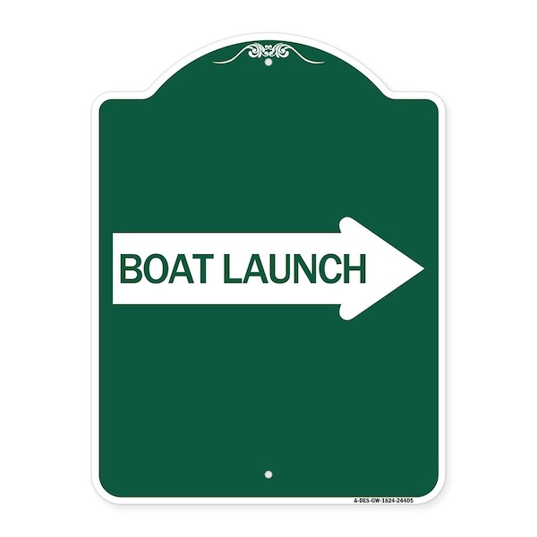Boat Launch With Right Arrow, Green & White Aluminum Architectural Sign, 18" x 24", GW-1824-24405